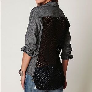 Free People Black Chambray Buttondown Crochet Back Shirt Size Small